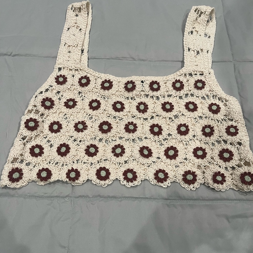 Handmade Crochet Floral Camisole in Cream and Brown